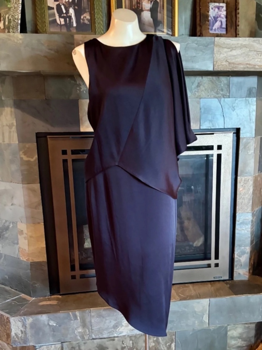 Halston Quiet Luxury Blue Satin Drape Grecian Asymmetrical Cocktail Dress 6 NWT